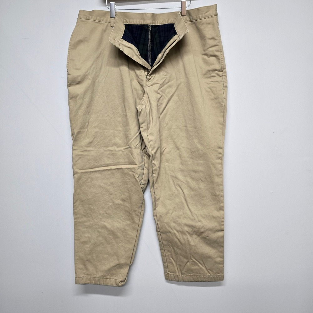 LL Bean Natural Fit Flannel Lined Pants Mens 40x30 Khaki Cotton Plaid Workwear